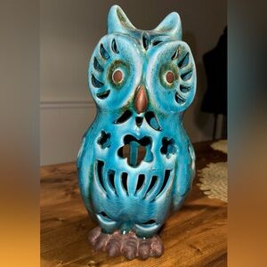 Teal Ceramic Owl Lantern Candle Holder – Crackle Glaze Finish